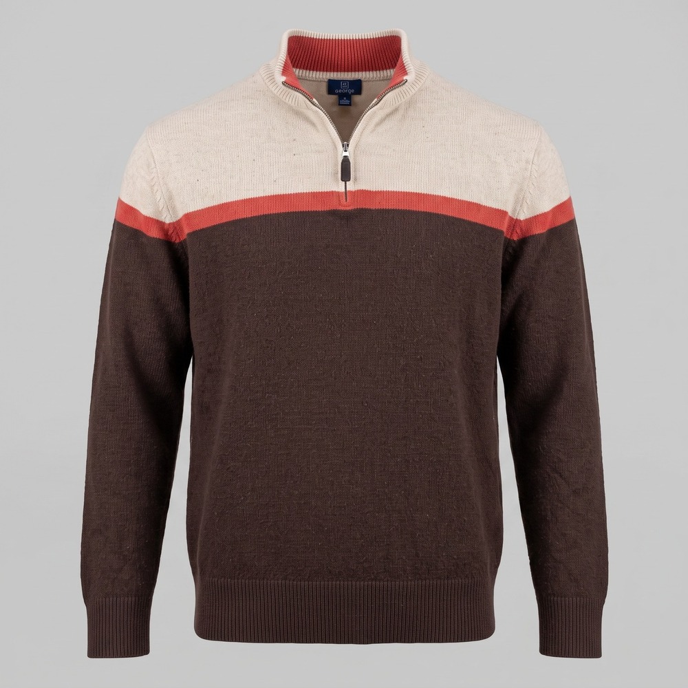 George Mens 3XL Brown Quarter Zip Sweater Colorblock Cotton Blend